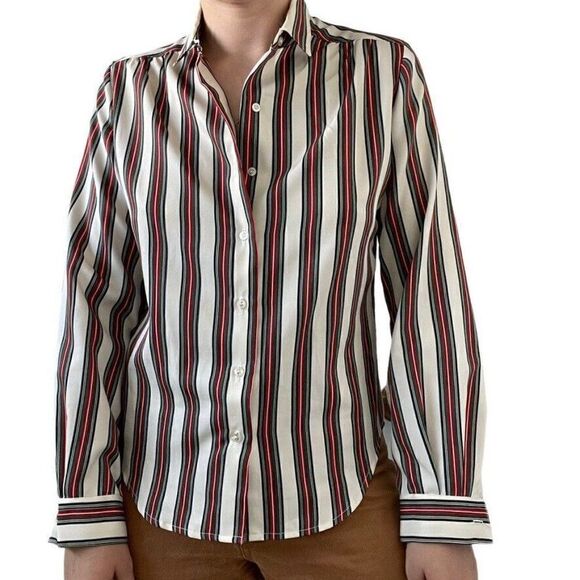Vintage 1970s Womens Striped Collared Preppy Long Sleeve Retro Blouse Sz M - Picture 9 of 9